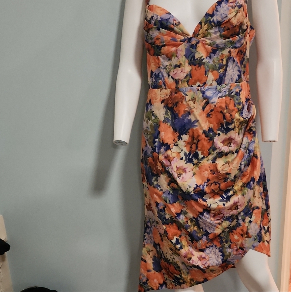 Cider Strapless Floral Midi Dress in Orange, Blue, Pink